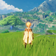 A screenshot of Aether looking out into the mountains in Genshin Impact.